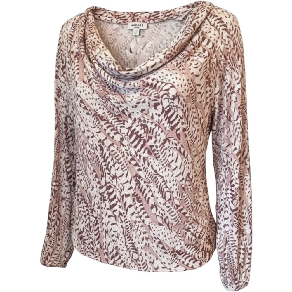 Andree by Unit Cowl Neck Blouse Metallic Leaf Print Boho Earth Tone Small